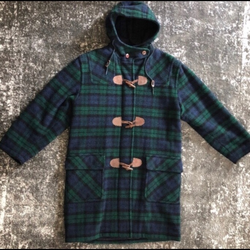 LL Bean Vintage Long Wool Toggle Coat Hooded Plaid
